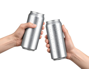 Two hands clinking silver aluminum beer cans in mid-air, front view, clean cutout on a transparent background.