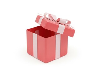 Open pink gift box with white ribbon and bow isolated on white background for celebration or surprise concept