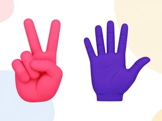 Fototapeta premium Two 3d hands showing different gestures, one pink peace sign and one purple open palm, isolated on white background