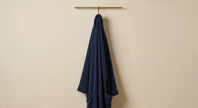 Dark blue bathrobe hanging on a hook against a beige wall   - Powered by Adobe