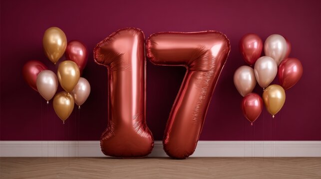 Celebrating milestone number seventeen with red foil balloons and various metallic party decorations