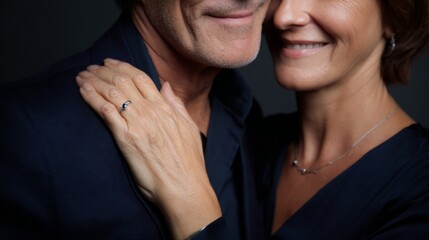Mature couple embracing showing love and intimacy, a woman's hand on a man's shoulder with a ring