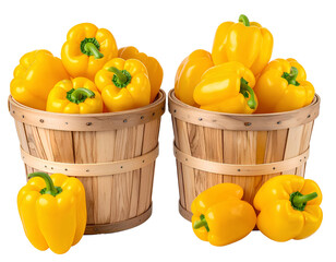 Two wooden baskets stacked with an abundant overflow of bright yellow bell peppers, high-resolution cutout, isolated on transparent background