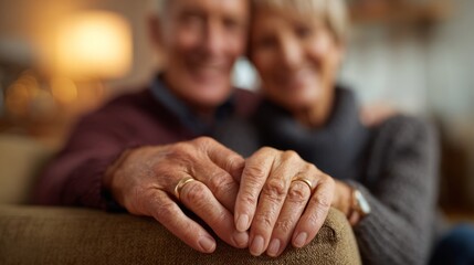 Senior couple sharing a tender moment, hands showing wedding rings, symbolizing enduring love and commitment
