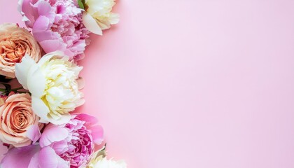 Floral arrangement displaying colorful blooms on soft pink background nature photography studio setting close-up shot aesthetic beauty