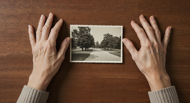 Person's hands holding vintage photograph of a park on wooden table  