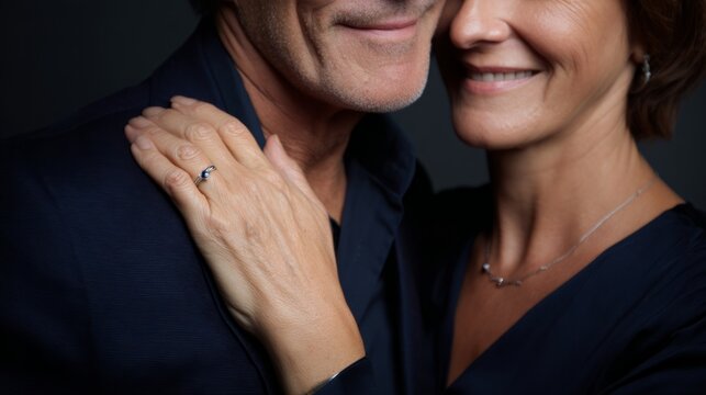 Mature couple embracing showing love and intimacy, a woman's hand on a man's shoulder with a ring