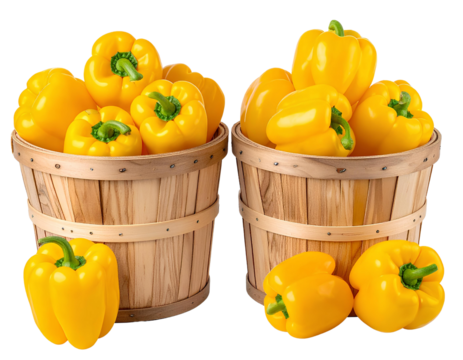 Two wooden baskets stacked with an abundant overflow of bright yellow bell peppers, high-resolution cutout, isolated on transparent background