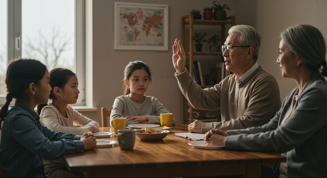 Elderly Asian man speaking to children at table in cozy room
