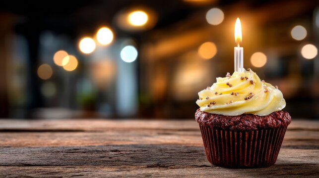 Cupcake with burning birthday candle on rustic wooden table, celebrating a special occasion with warm bokeh lights - Powered by Adobe