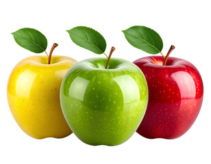 Vibrant Trio of Red, Green, and Yellow Apples in Clean Row, Perfectly Centered Composition, PNG Isolated.
