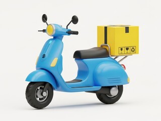 Cute blue delivery scooter with a yellow package box attached to the rear rack, isolated on white background