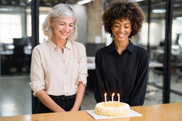 Two diverse women colleagues smiling at a birthday cake with lit candles, celebrating a workplace event and happiness