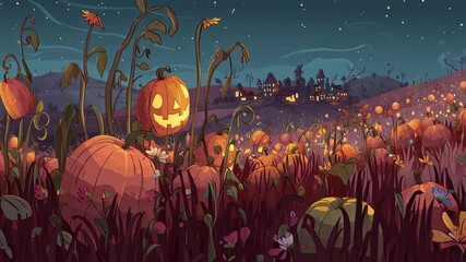 spooky halloween pumpkin patch with glowing jack-o'-lanterns under a starry night sky with distant haunted village - Powered by Adobe