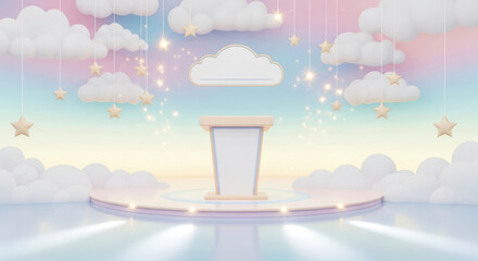 A whimsical pastel stage featuring fluffy clouds, sparkling stars, and an empty podium for children's product presentations. Ideal for dreamy displays.