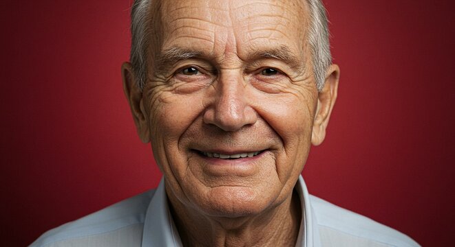 Closeup portrait of a smiling elderly man with grey hair against a vibrant red background - Powered by Adobe