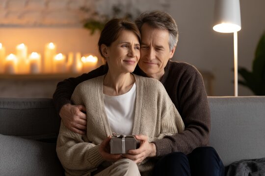 Senior man embracing woman holding gift box with romantic candle lights for birthday or anniversary celebration