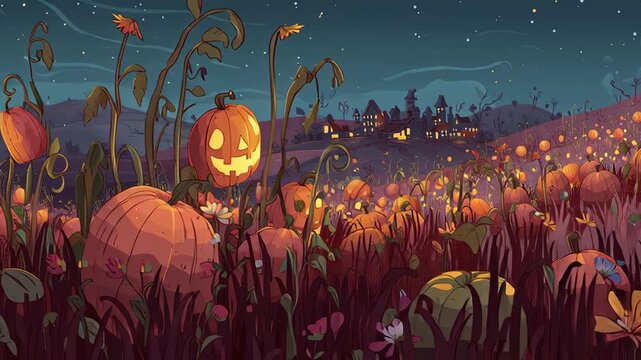 spooky halloween pumpkin patch with glowing jack-o'-lanterns under a starry night sky with distant haunted village
