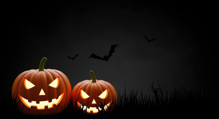 Two glowing jack-o'-lanterns illuminate a sinister Halloween night, featuring flying bats and dark grass with ample copy space.