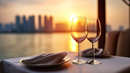 Two wine glasses on a restaurant table set for a romantic dinner, city skyline and sunset view over water