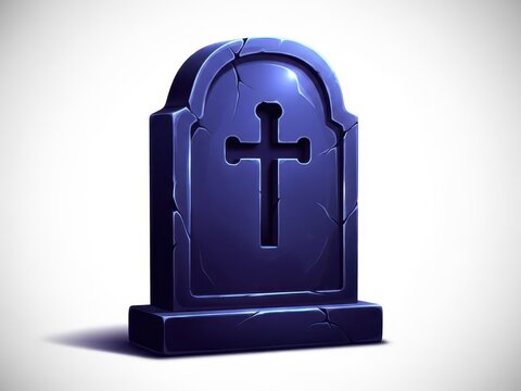 Dark blue, cracked stone tombstone with a carved christian cross symbol, isolated on white background for a spooky or solemn theme