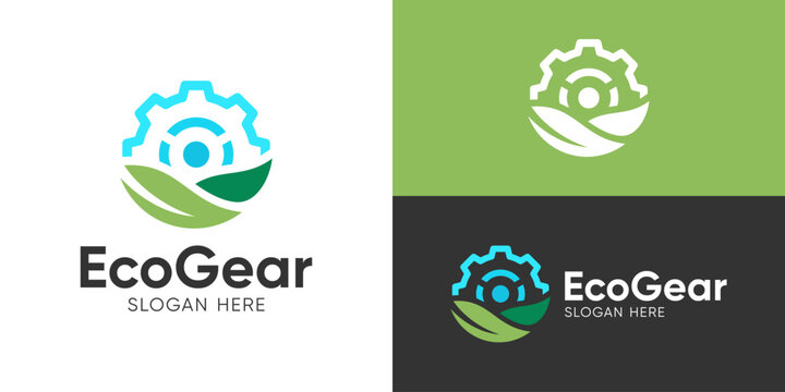 Creative simple eco gear logo template. Cog wheel with leaf landscape logo design vector illustration.