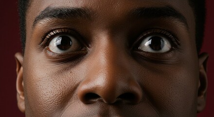 Closeup of a black mans wide, expressive eyes, conveying surprise or shock against a deep red backdrop