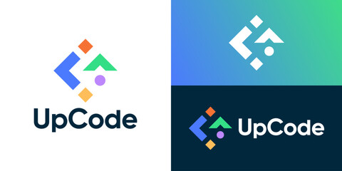 Creative simple up code logo template. Abstract code with arrow up launch startup logo design vector illustration.