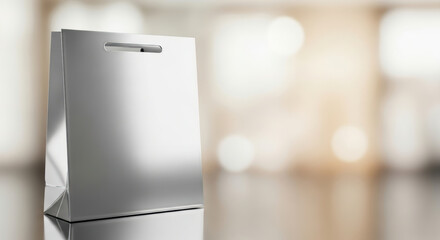 A sleek silver shiny gift or shopping bag mockup with handle, standing on a reflective surface against a soft blurred background, providing ample copy space for branding and promot