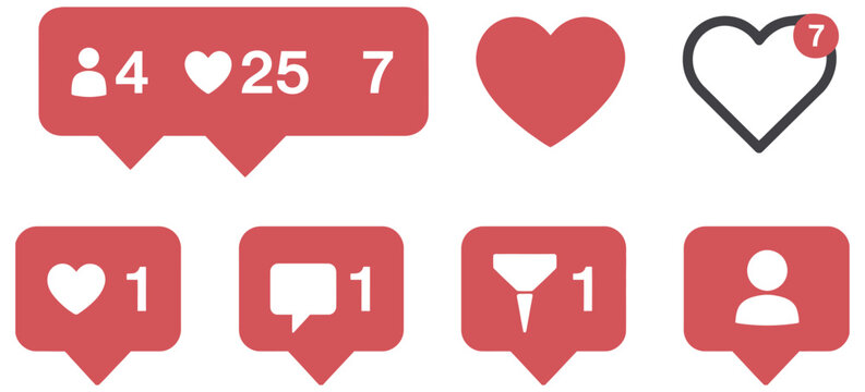 social media interaction icons, including likes, comments, follower notifications, and button graphics