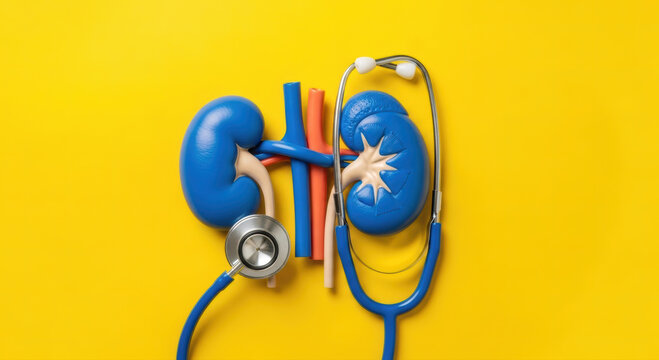 Blue Human Kidney Models and Stethoscope on Bright Yellow Backdrop Representing Renal Health and Medical Care