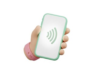 3d cartoon hand holding smartphone with contactless payment nfc symbol on screen isolated on white background