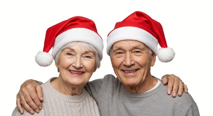 Elderly couple wearing santa hats, smiling and embracing