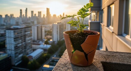 Plant in cracked pot thriving on city balcony at sunset.