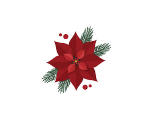 Top-Down Christmas Poinsettia and Fir Sprigs &ndash; Flat-Lay Holiday Concept PNG.
