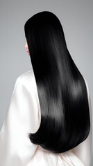 Fototapeta premium Elegant straight black hair arranged smoothly, luminous highlights revealing texture, set against a minimalist gray background.