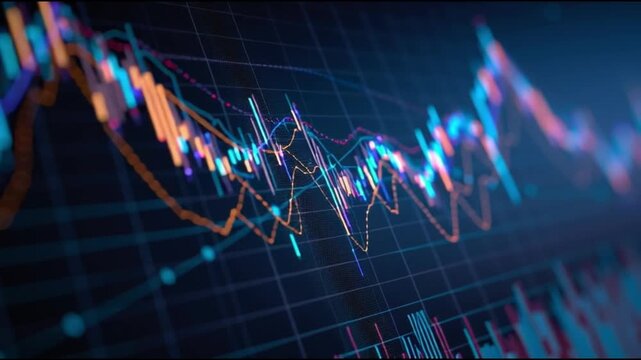 Dynamic stock market analysis charts and data stream in real time video sequence