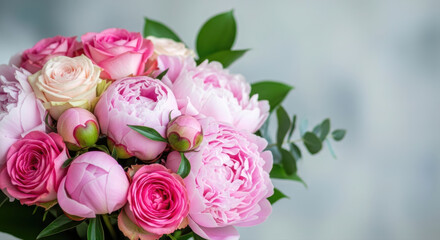 Close-up of a stunning fresh bouquet featuring vibrant pink peonies and soft roses, perfect with copy space.