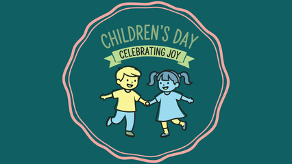 Isolated vector style badge featuring silhouettes of two cute children holding hands, round playful design, smooth bold lines, pastel friendly shape, perfect for Children’s Day celebrations