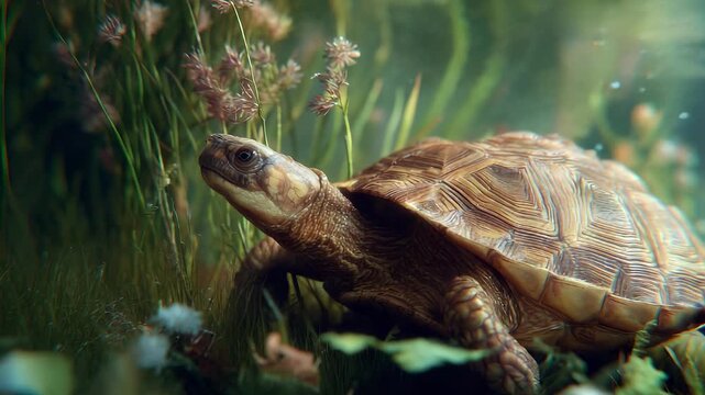 A majestic turtle swims slowly among vibrant aquatic plants, its intricately patterned shell catching the light. The gentle current sways seaweed as the turtle explores its lush ha