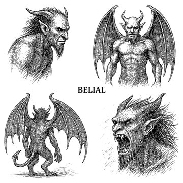 Belial demon creature in vintage engraved style with multiple poses, Transparent Background