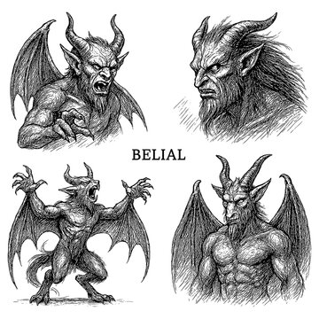Belial demon creature in vintage engraved style with multiple poses, Transparent Background