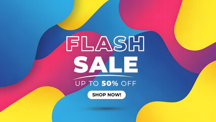 Flash Sale Banner: Vibrant and eye-catching advertisement, promoting a flash sale with bold text and dynamic abstract shapes, offering up to 50% off, encouraging immediate action. 