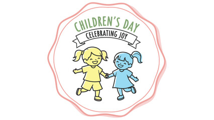 Isolated vector style badge featuring silhouettes of two cute children holding hands, round playful design, smooth bold lines, pastel friendly shape, perfect for Children’s Day celebrations