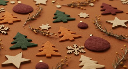 Festive christmas flat lay with assorted holidaythemed cookies and natural elements on a warm brown surface