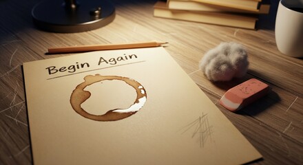 Begin Again: Coffee Stain, Paper, and Eraser on Wooden Desk in Studio