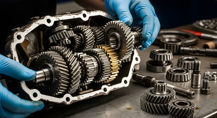 A mechanic working on a gearbox with gears and bearings visible wearing blue protective gloves on a table