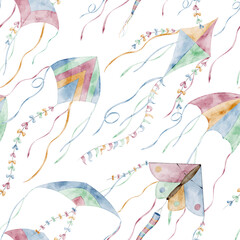 Seamless watercolor Pattern with colorful Kites and flowing ribbons in the Sky. Illustration of flying toys on isolated background for nursery wallpaper or kids textile design. Art for baby design.