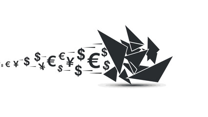 Black origami boat with euro and dollar symbols floating away on a white background with a minimalist design.
