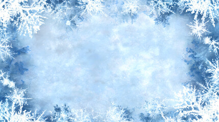Blue and white snowflake frame with icy shimmer, glowing frost border and blank serene middle 